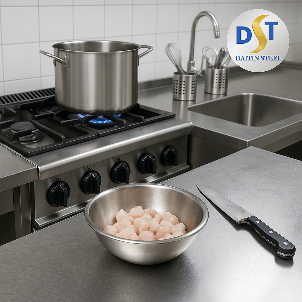 Thiết bị bếp inox 304 đồng bộ trong nhà hàng khách sạn cao cấp – sáng bóng, sạch sẽ, chuyên nghiệp