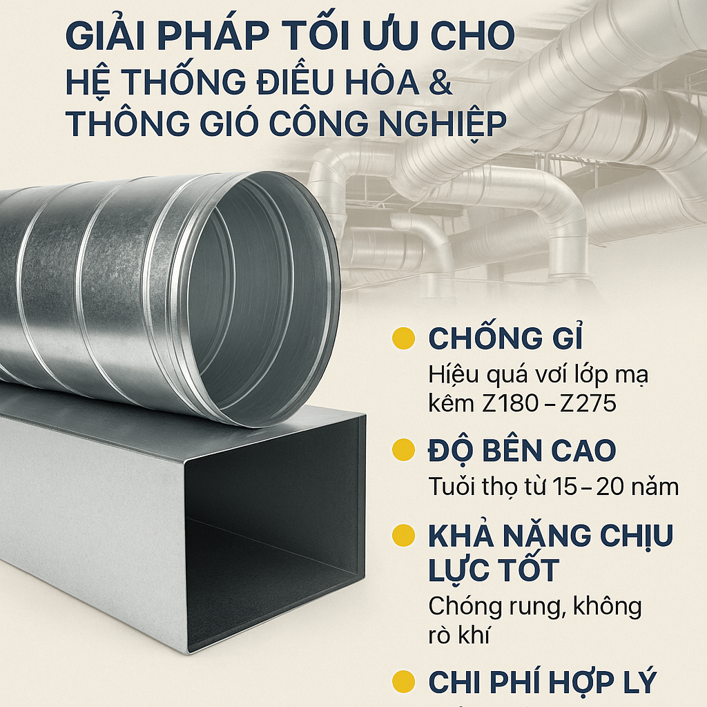 ỐNG DẪN KHÍ BẰNG THÉP SGCC – GIẢI PHÁP TỐI ƯU CHO HỆ THỐNG ĐIỀU HÒA & THÔNG GIÓ CÔNG NGHIỆP