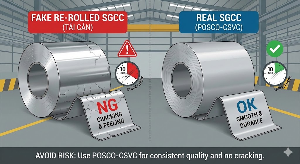 SGCC tái cán (Re-rolled): Cách nhận biết & vì sao gây NG cực lớn khi dập/uốn